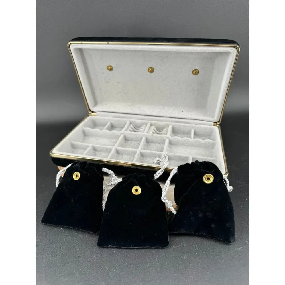 Vintage Black Velvet Jewelry Box w/ Pouches Gold Trim Travel Organizer